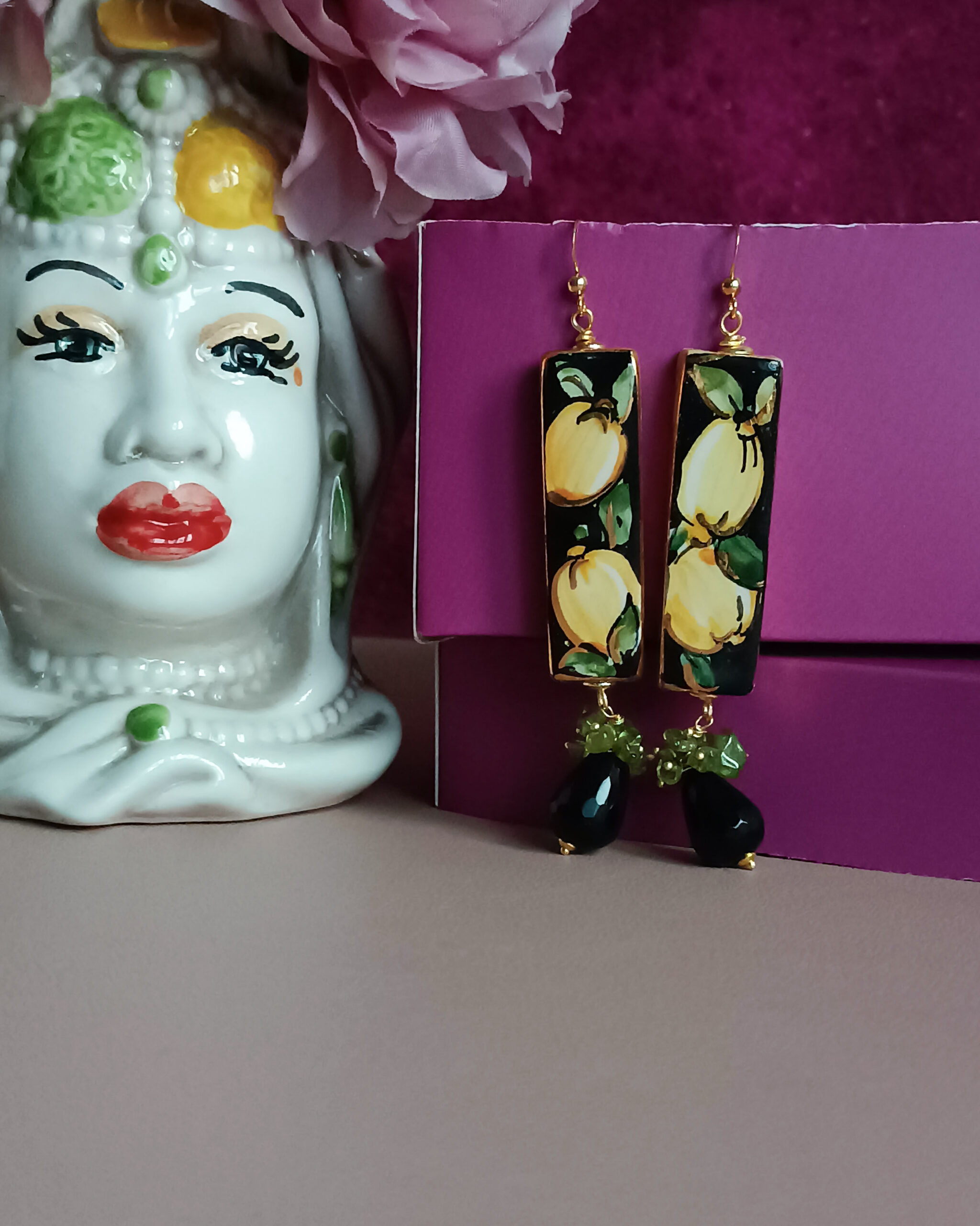 Sicilian Earrings With Sicily Ceramic Cookies And Genuine Gemstones