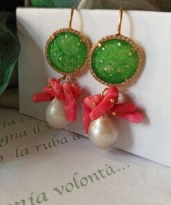 Pearl drop earrings with green Jade