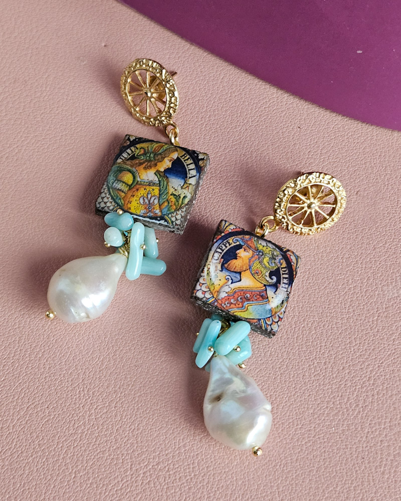 Sicily Ceramic Tile Earrings with Baroque Pearl Drops - Image 3
