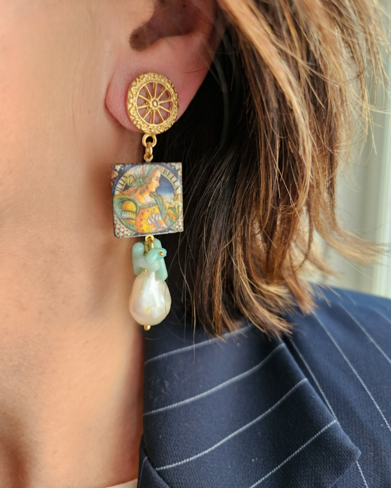 Sicily Ceramic Tile Earrings with Baroque Pearl Drops - Image 4
