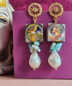 Alternative view of Sicily Ceramic Tile Earrings with Baroque Pearl Drops