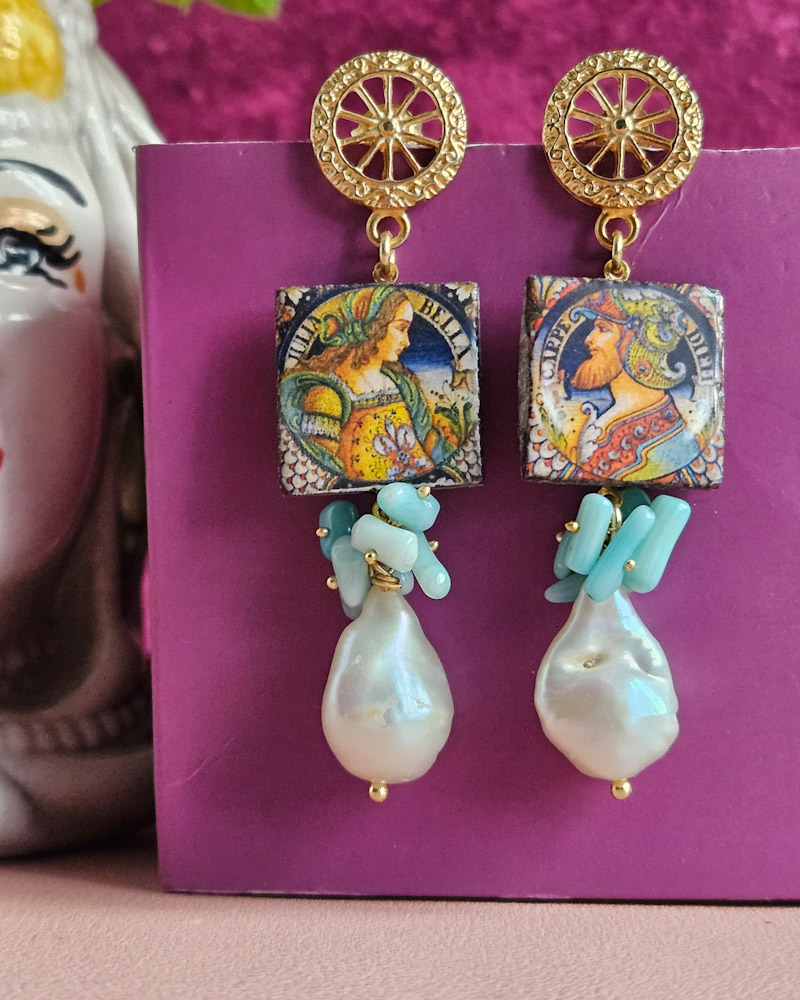Sicily Ceramic Tile Earrings with Baroque Pearl Drops - Image 2