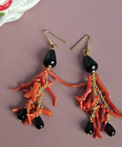 Alternative view of 925 Red Coral Branch Cluster Earrings with Black Onyx Stones