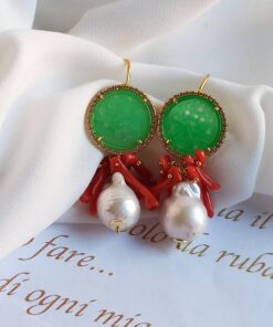 Orecchini di perle con Giada verde e Corallo Rosso