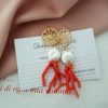 Red Coral Branch cluster earrings with baroque pearl coin