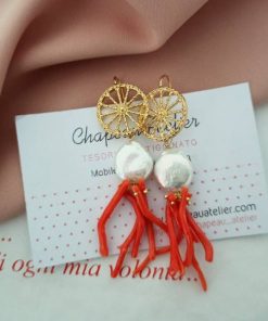 Red Coral Branch cluster earrings with baroque pearl coin