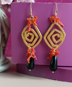 Alternative view of Brass Spiral Earrings with Red Coral Branches and Black Onyx Drops