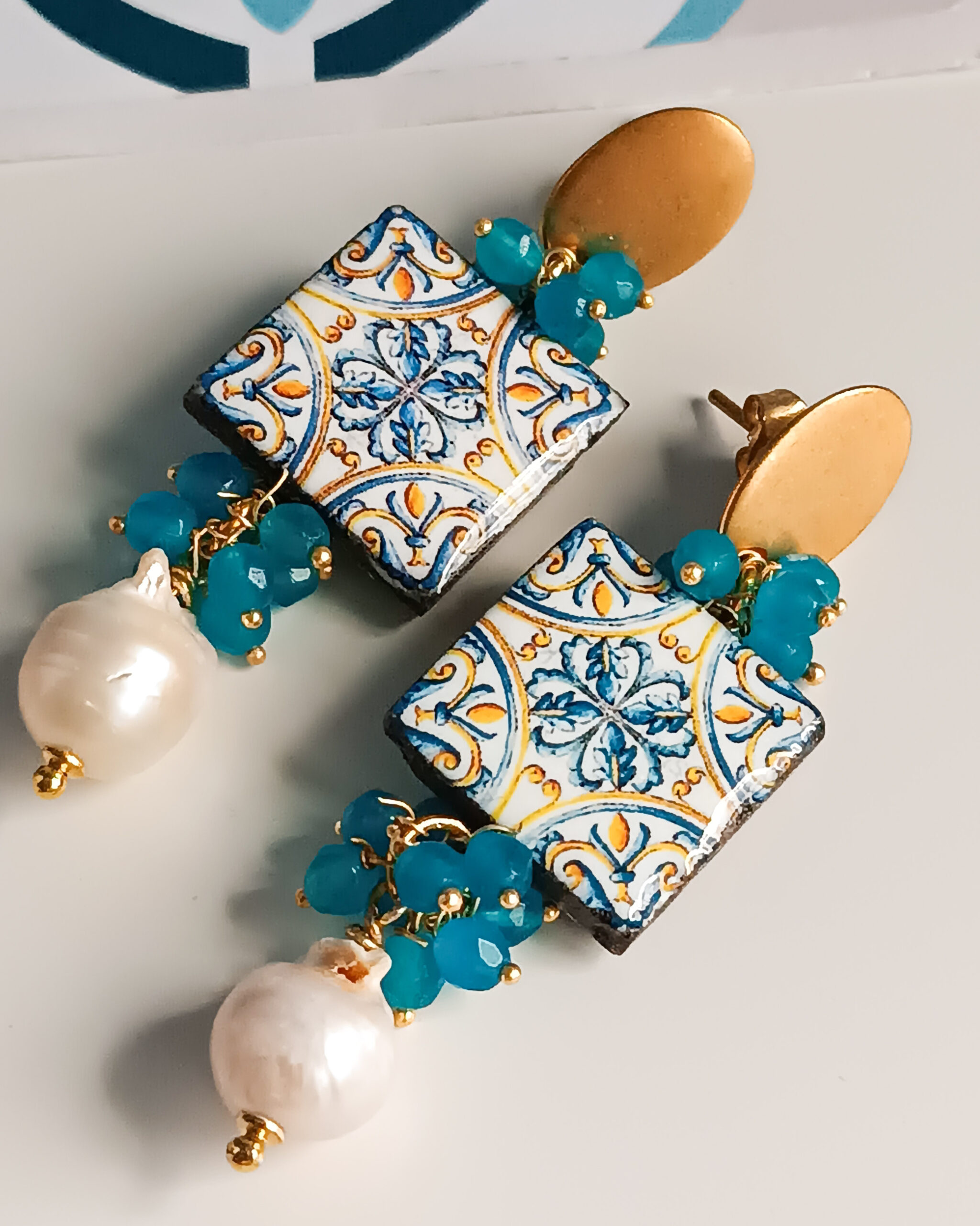 Sicilian Earrings with Ceramic Tiles and Baroque Pearls - Image 5