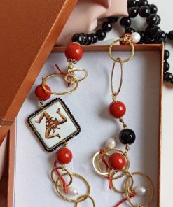 Alternative view of Long Necklace with Gold Chain, Black Onyx Stones and Sicily Ceramic Tile