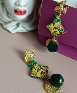 Alternative view of Sicily Ceramic Tile Earrings with Green Pom Pom