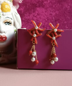 Orecchini stella marina con corallo rosso e perle 2