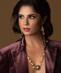 Drop Earrings with Black Spinel and Natural Amber Stones