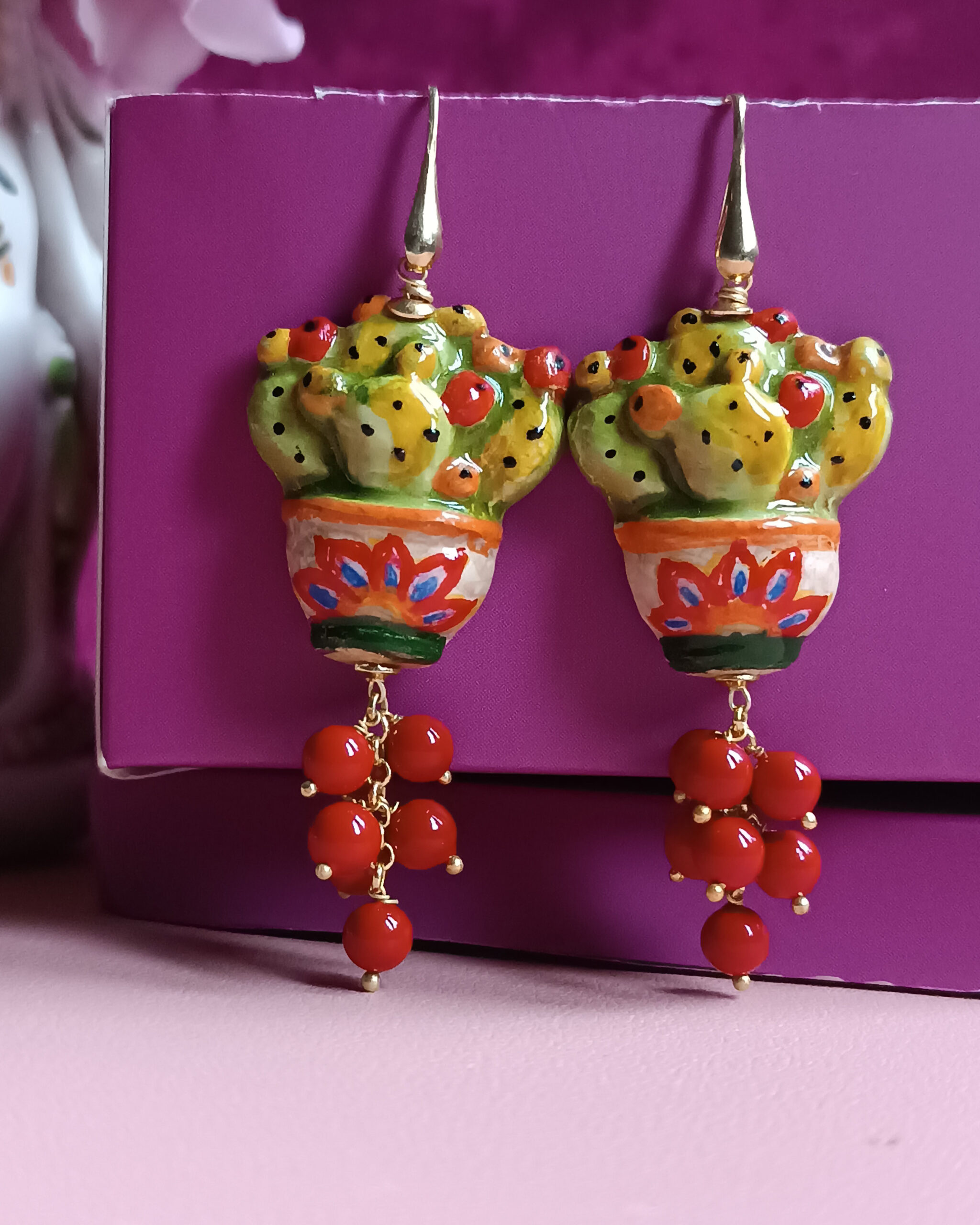 Sicily Ceramic Prickly Pear Earrings with Red Stone Cluster - Image 3