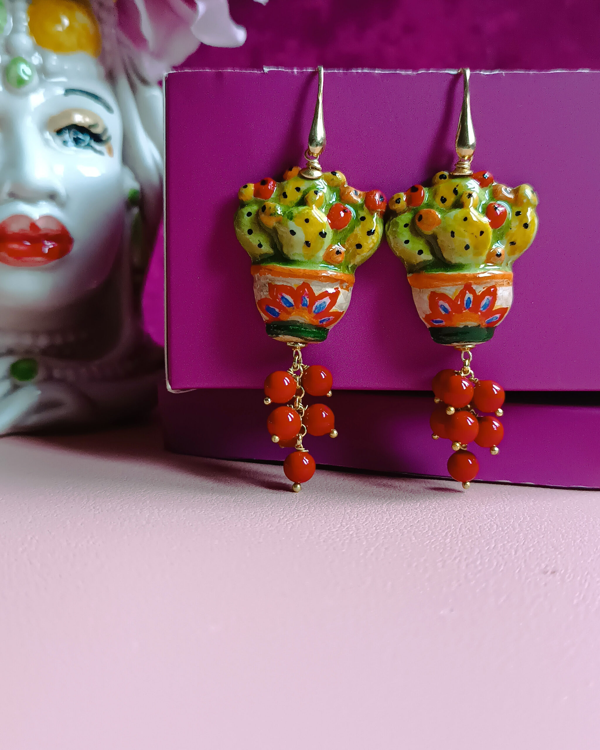 Sicily Ceramic Prickly Pear Earrings with Red Stone Cluster - Image 5