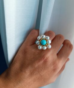 Alternative view of Anello Artigianale a Fiore con Perle Coltivate e Pasta di Turchese