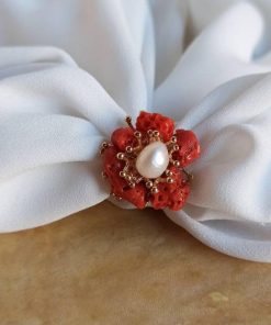 Flower ring with Mediterranean Coral and Pearls