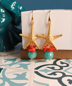 Orecchini pendenti con stelle marine e corallo rosso 1