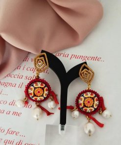 Chandelier earrings with sicily ceramic tiles and baroque pearls_1