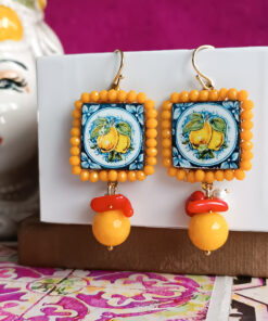 Alternative view of Orecchini Siciliani con Mattonelle in Ceramica di Caltagirone e Agata Gialla