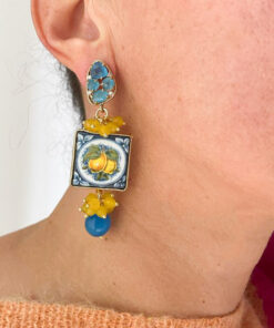 Orecchini siciliani con mattonelle in ceramica di caltagironei e occhio di gatto blu 6