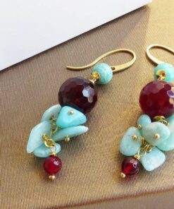Alternative view of Water Green Amazonite Cluster Earrings with Burgundy Stones