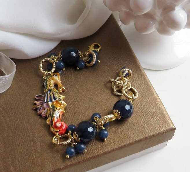 Chain And Bead Bracelet With Sicily Ceramic Seahorse - Chapeau Atelier