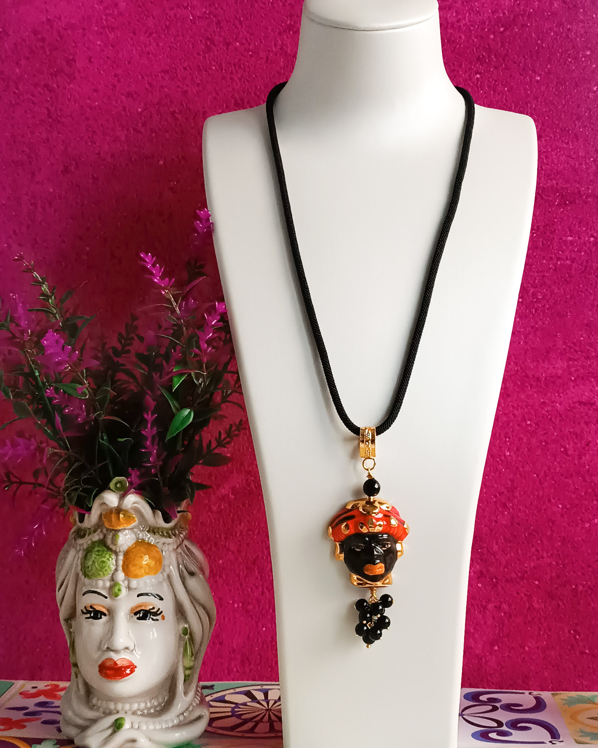 Collana di Corda con Testa di Moro in Ceramica di Caltagirone e Onice Nero - immagine 3