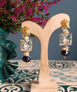 Alternative view of Sicily Ceramic Tile Earrings with Blue Stones