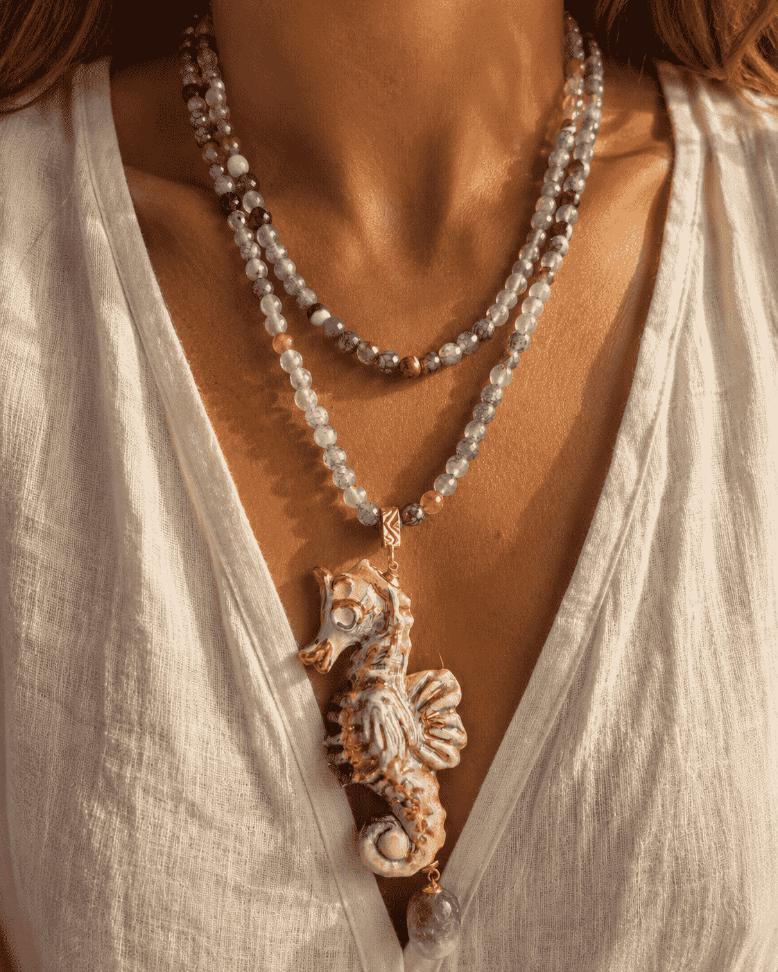 Collana Extra Lunga con Agata Viola e Cavalluccio in Ceramica di Caltagirone 1