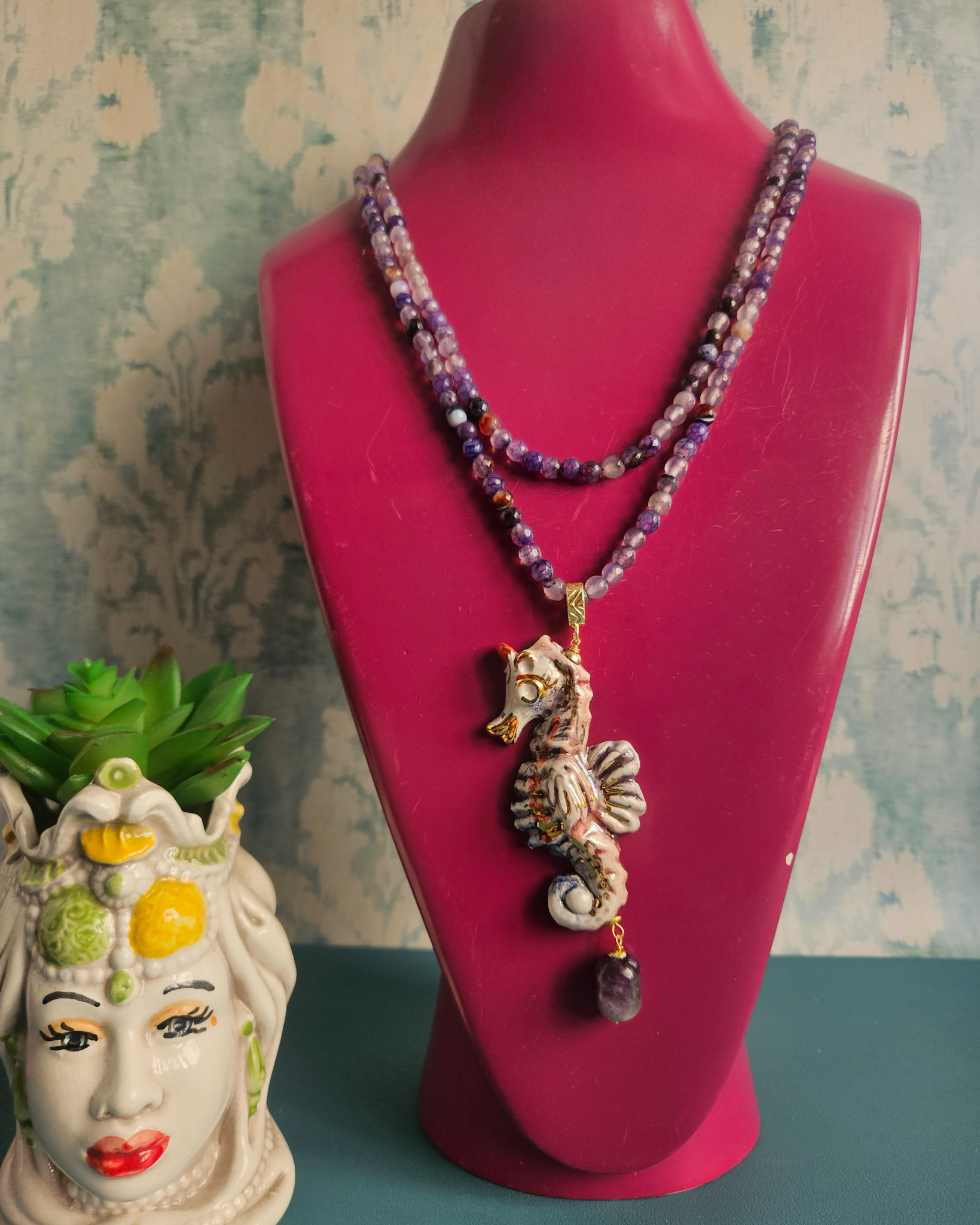 Collana Extra Lunga con Agata Viola e Cavalluccio in Ceramica di Caltagirone 5
