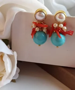 Alternative view of Turquoise Drop Earrings with Red Coral Branches and Pearls