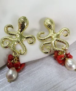 Orecchini polipi con perle e corallo rosso