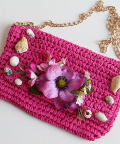 Borsa a Tracolla in Palma Nana con Fiori in Tessuto e Conchiglie