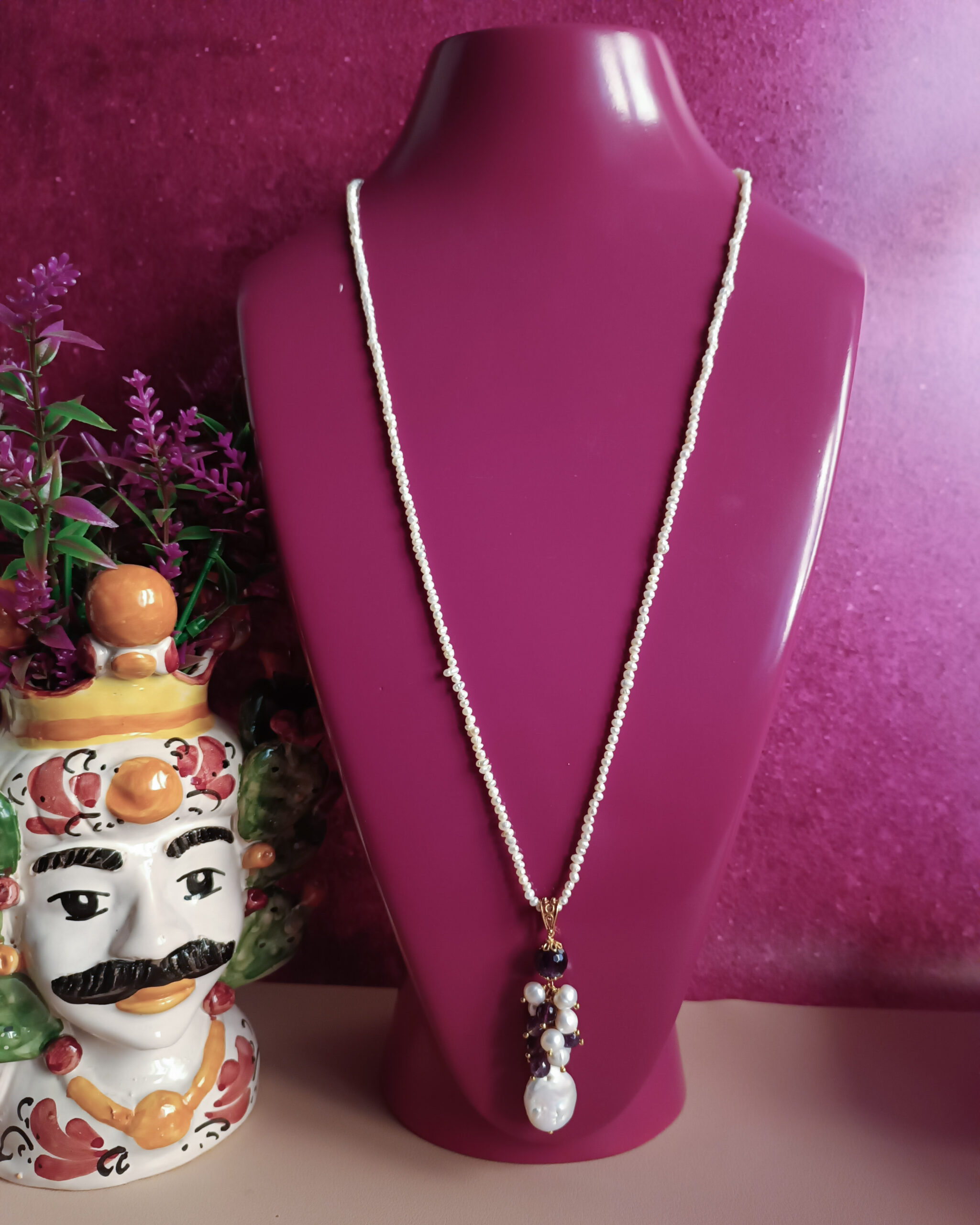 Collana extra lunga con perle di fiume e ametista 2