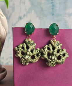 Alternative view of Drop Earrings with Ceramic Coral Branch and Green Crystals