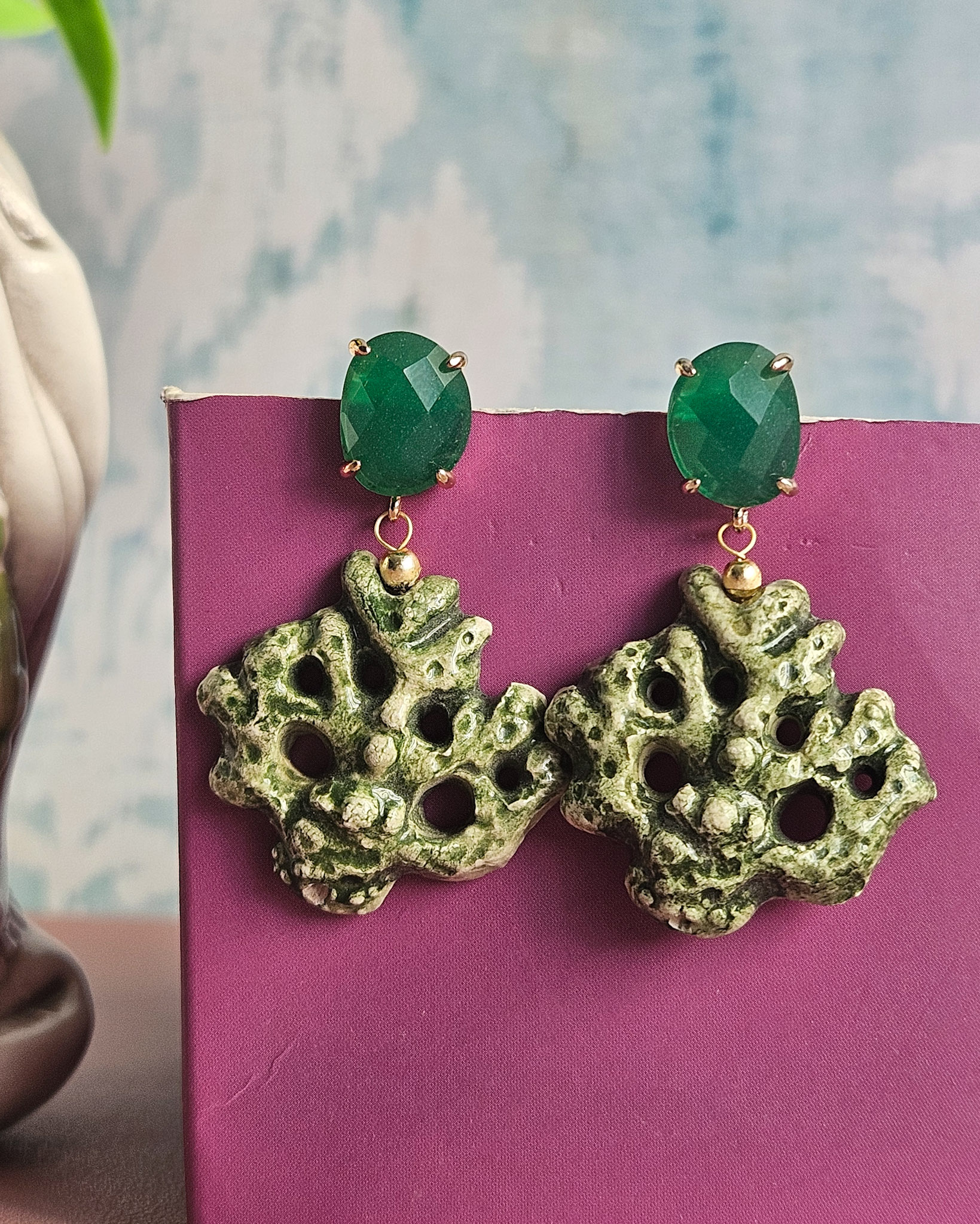 Drop Earrings with Ceramic Coral Branch and Green Crystals - Image 2