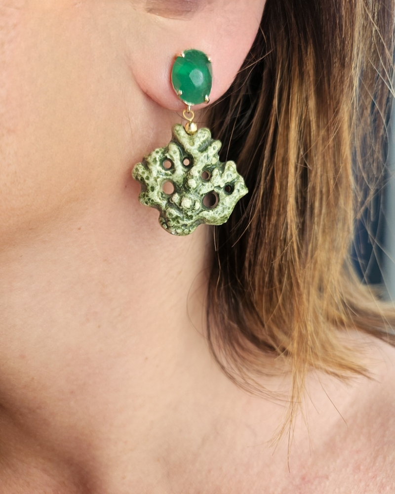 Drop Earrings with Ceramic Coral Branch and Green Crystals - Image 3