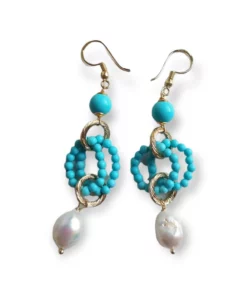 Alternative view of Long Dangle Earrings with Turquoise Stones and Pearl drops