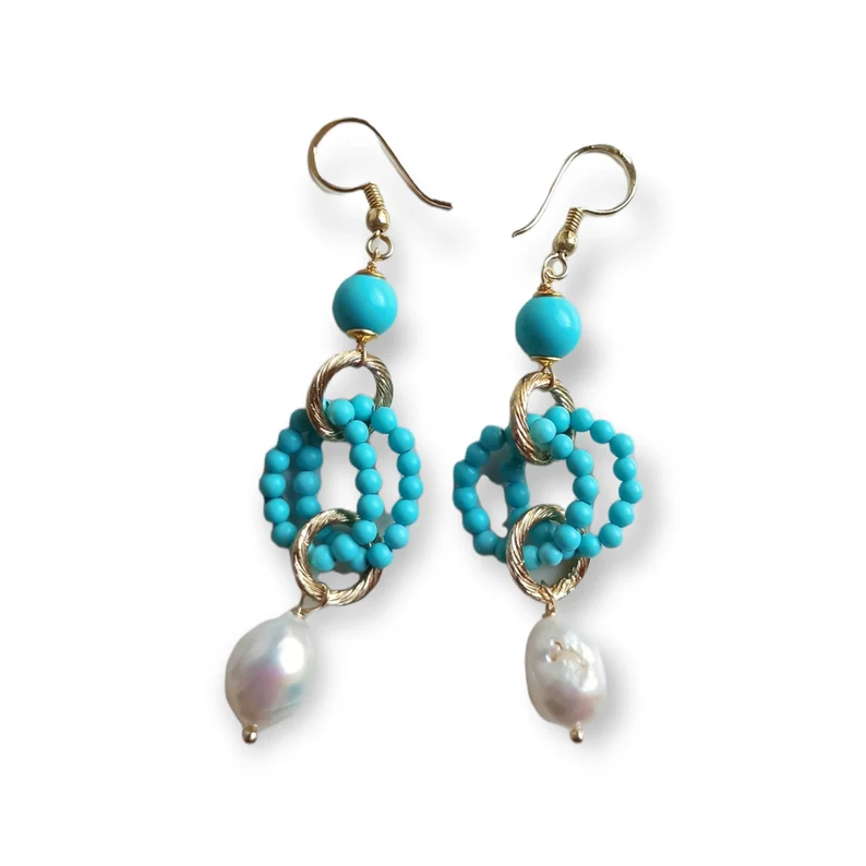 Long Dangle Earrings with Turquoise Stones and Pearl drops - Image 2
