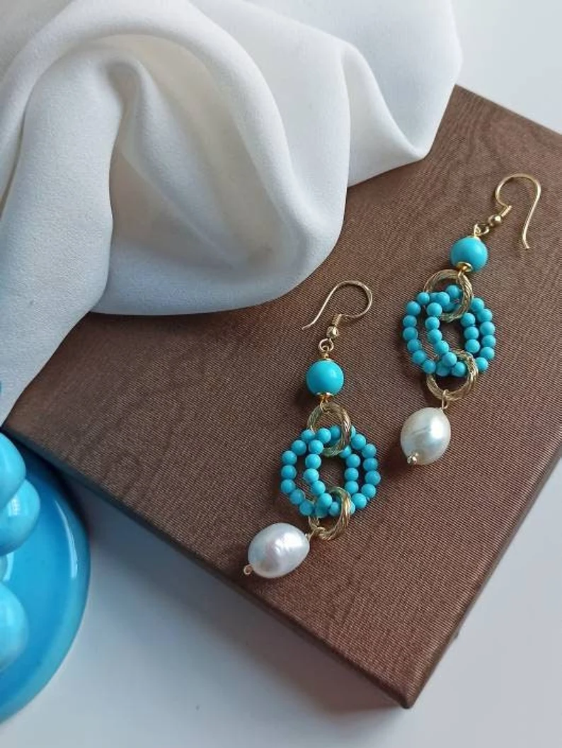 Long Dangle Earrings with Turquoise Stones and Pearl drops - Image 3