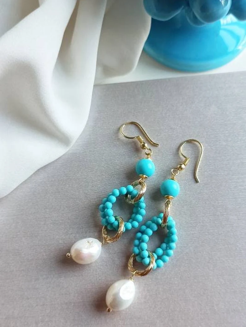 Long Dangle Earrings with Turquoise Stones and Pearl drops - Image 4