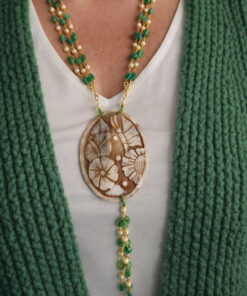 Alternative view of Three Strand Chain Necklace with Green Jade Stones and Shell Cameo