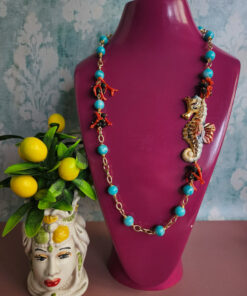 Collana a Catena con Angelite e Cavalluccio Marino in Ceramica di Caltagirone