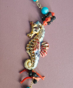 Alternative view of Long Chain Necklace with Light Blue Stones and Ceramic Seahorse