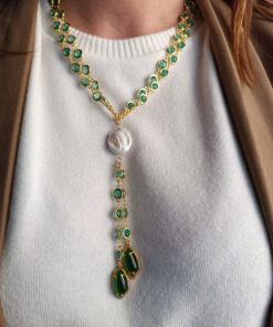 Alternative view of Double Chain Necklace with Green Chrysoberyl Stones and Flat Pearl