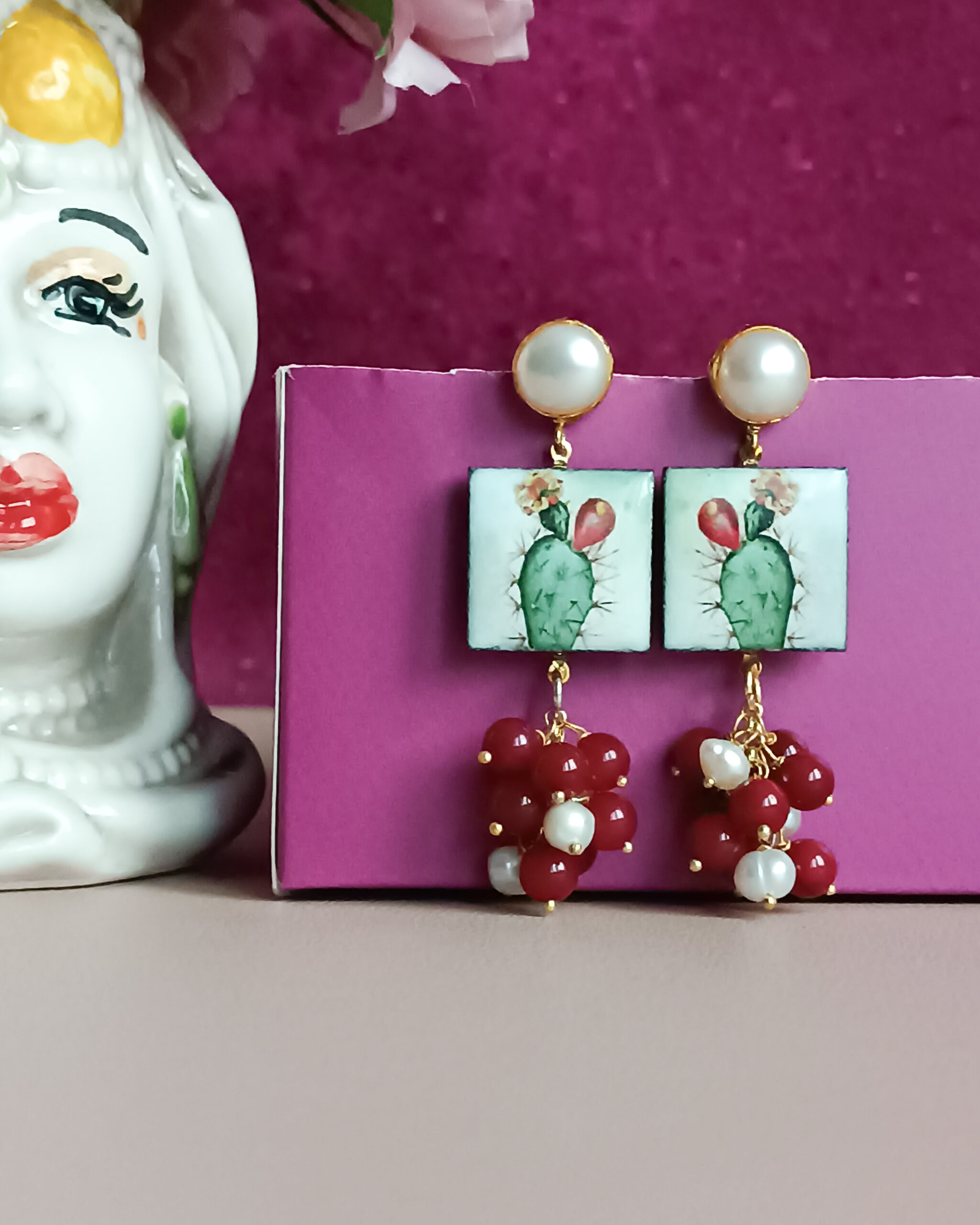 Sicily Ceramic Tile Earrings with Colourful Stone Cluster - Image 3