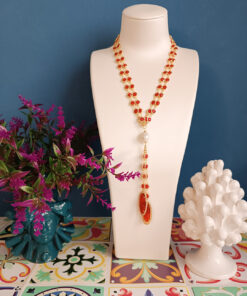 collana a catena doppia con occhio di gatto rosso e perla barocca 1