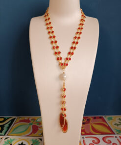Alternative view of Double Chain Necklace with Red Chrysoberyl Stones and Baroque Pearl