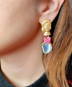 Orecchini a goccia con occhio di gatto grigio e corallo rosa 1