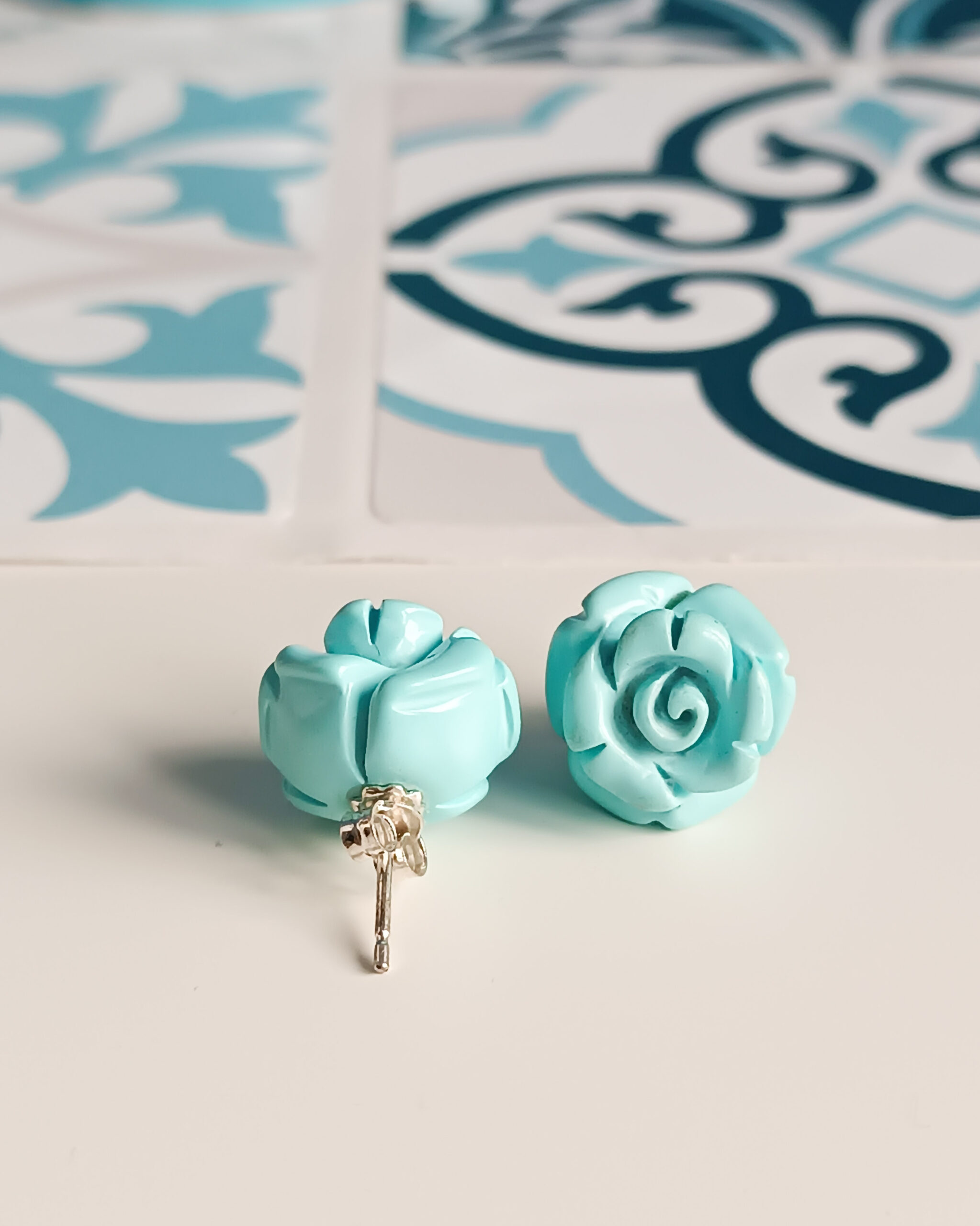 Turquoise Rose Stud Earrings - Image 3